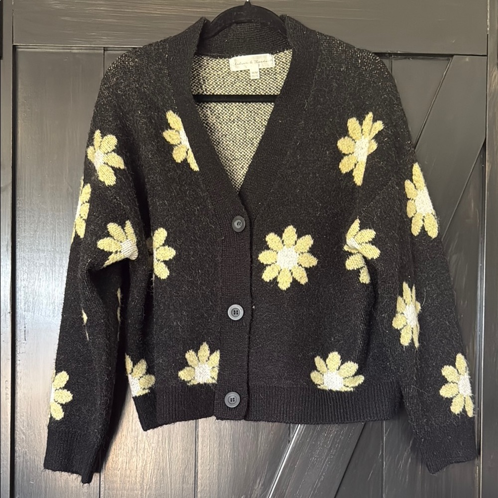 Chelsea & Theodore Black Sweater with Cream Floral Design
